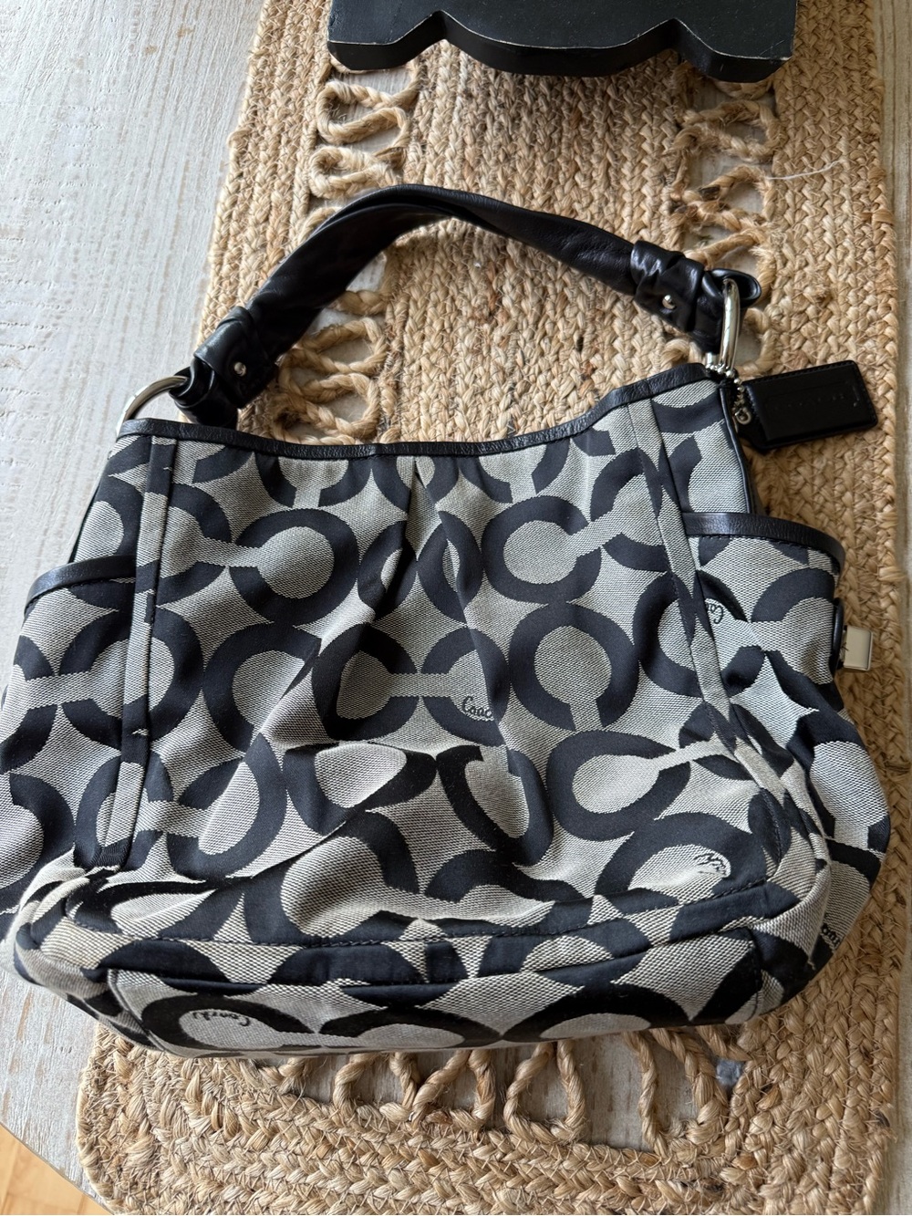 Coach Black and Cream Signature Canvas Shoulder Bag